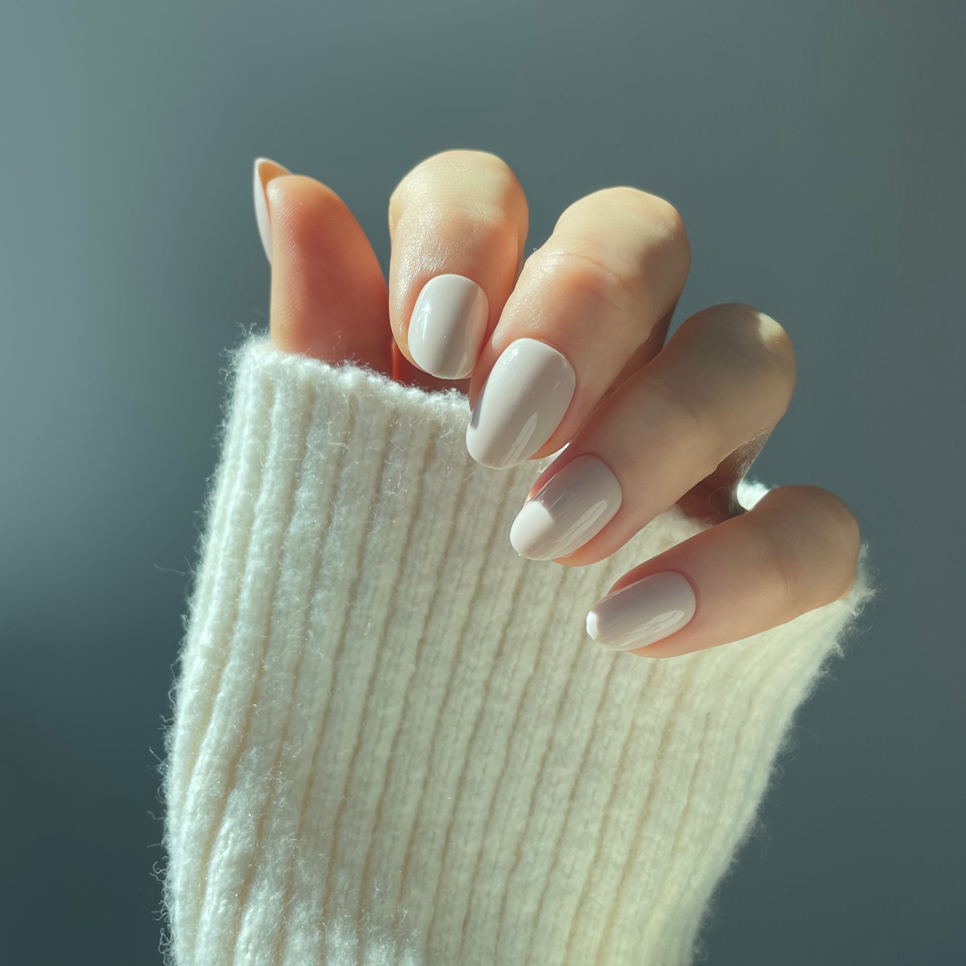 Womans hand with pale crema press on Candy Claws acrylic nails in vanilla creamy colour